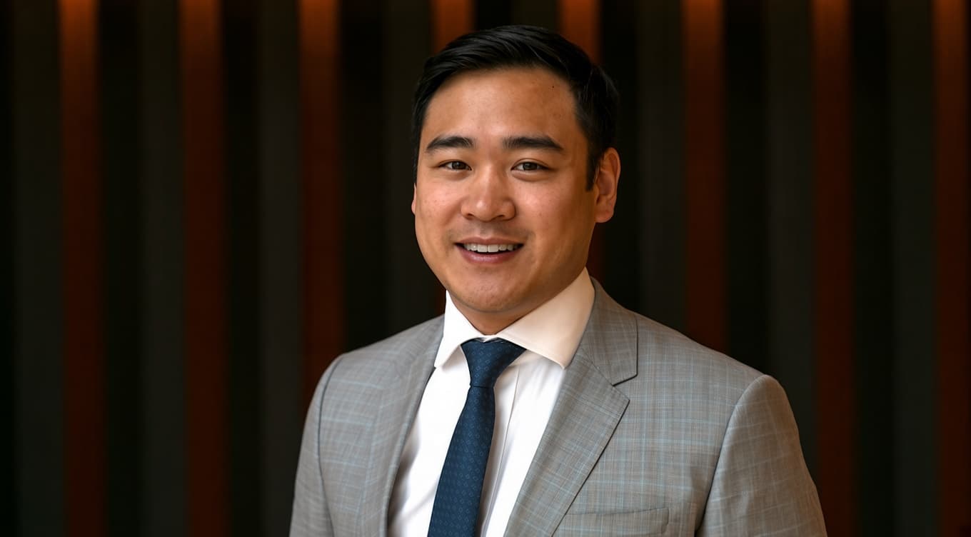 Smiling man in a grey plaid suit and blue tie against a dark wood background.
